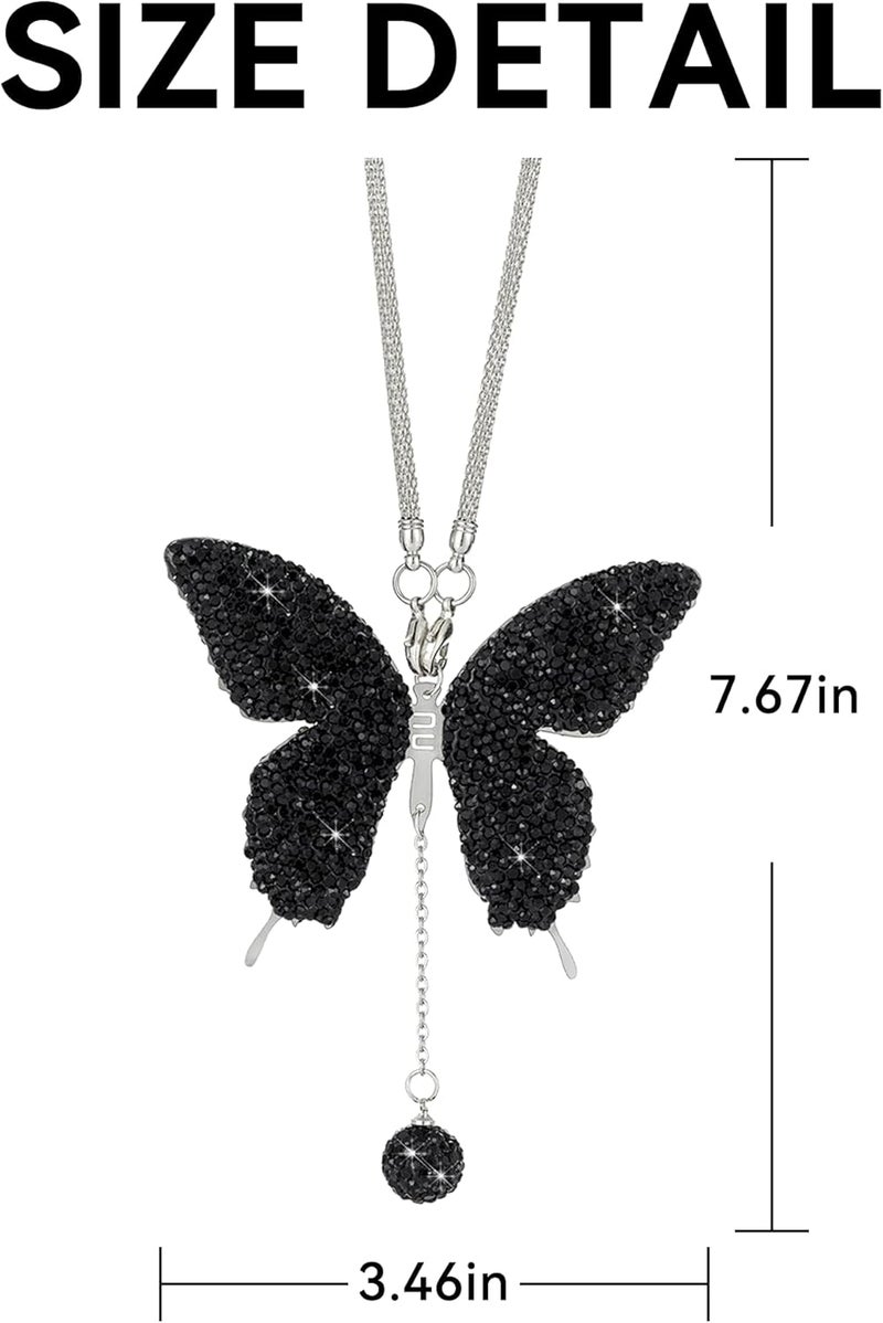 Couslcd Bling Butterfly Diamond Car Accessories, Crystal Car Rear View Mirror Charms for Women, Car Decoration Lucky Hanging Interior Crystal Ornament Pendant Decor for All Cars (Black) - Image 2